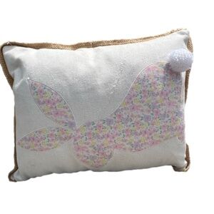 Burlap Cream Lumbar Feather Pillow‎ Floral Bunnies Rabbits